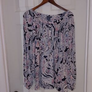 Chaps Paisley Peasant Blouse 3X Blues Pink White 4 Button Front  Gathered Neck